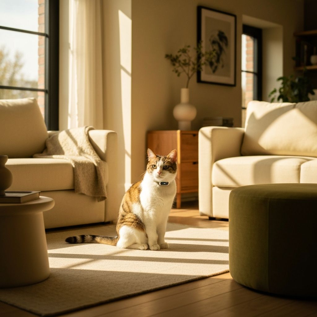Cat wearing Meowra tracker in a warm home environment